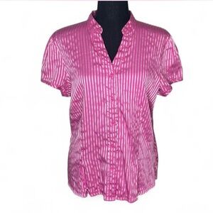 Vintage 90’s Fred David Pinstripe Button Down Short Sleeve Hot Pink & Silver L
